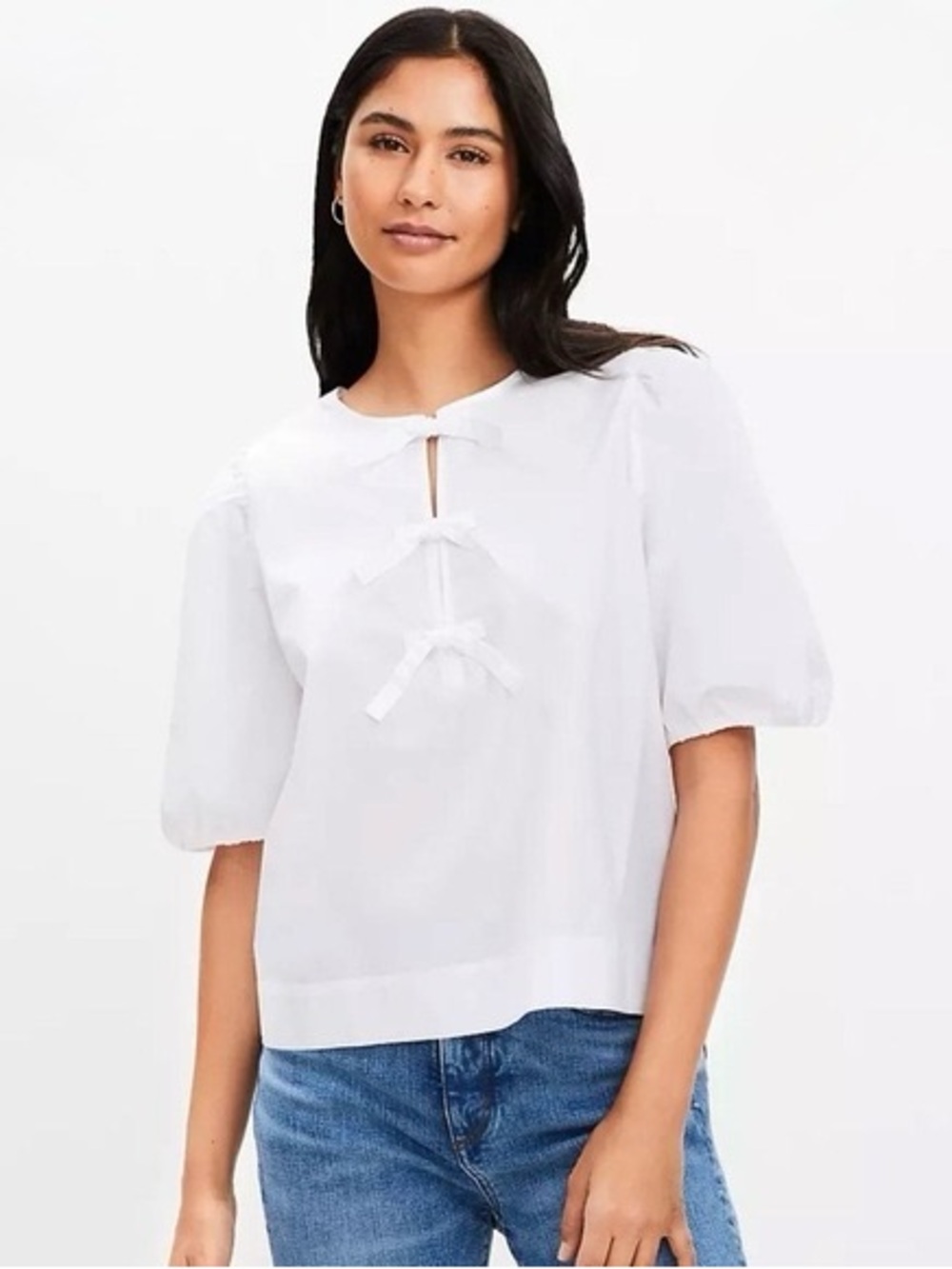 NWT Loft White Bow-Accent Puff Sleeve Top - Women